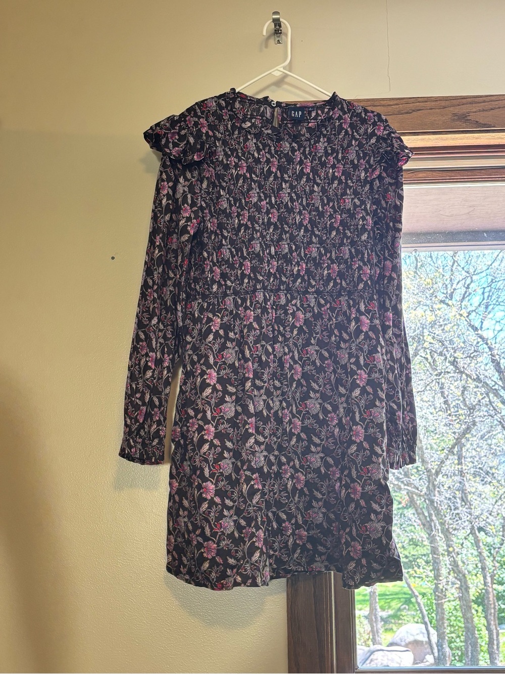 GAP Black Floral Long Sleeve Mini Dress with Pink Accents